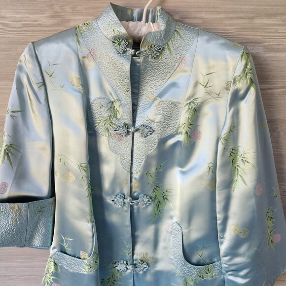 Mulchands Silk Womens Vintage Asian Kimono Light Blue Duster Robe Midi Dress - Picture 2 of 16